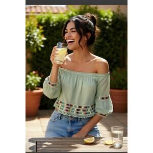 green hobo mid drift embroidered boho top